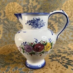 Majolica Pitcher Porta 28 – Vintage Portugal Floral Ceramic, 8 1/8″ Hand-Painted